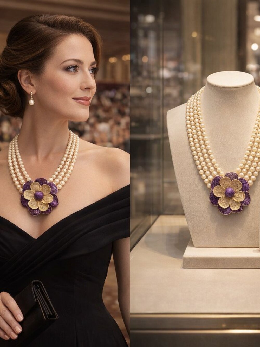 NWT Aicon 5 PC Set Elegant Faux Ivory Pearl 3 Strand Necklace,brooch,earring set